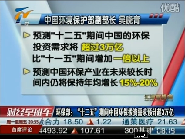 环保部：十二五期间中国环保投资需求预计超3万亿